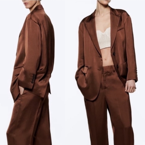 New Zara Satin Effect Single Breasted Brown Blazer/Suit Jacket Blogger Fav XS - Picture 1 of 17